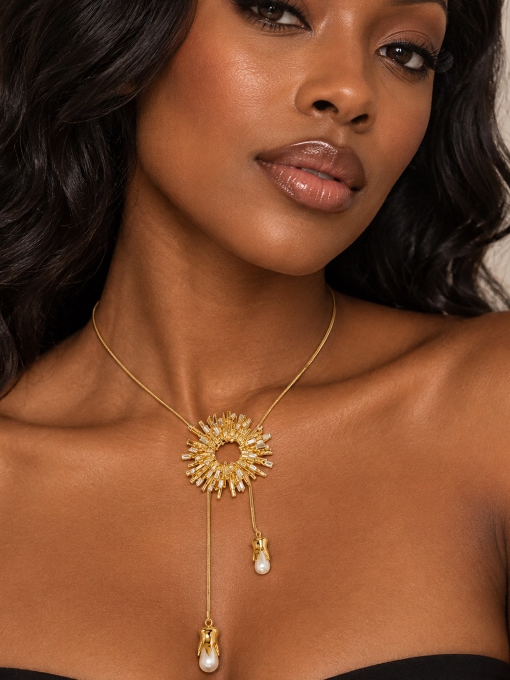 Anthropologie Gold Sunburst Lariat Necklace with Pearl Drops